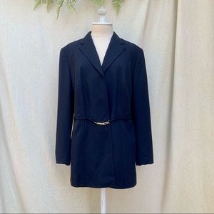 ESCADA Dark Navy Gold Belted Wool Blazer Jacket